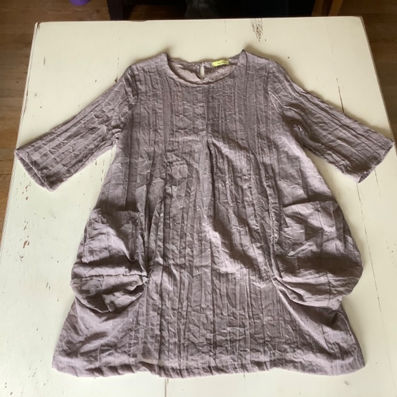 NANA KO NanaKo lightweight tan Langenlook crinkled tunic top w/ pockets M L - Picture 3 of 7